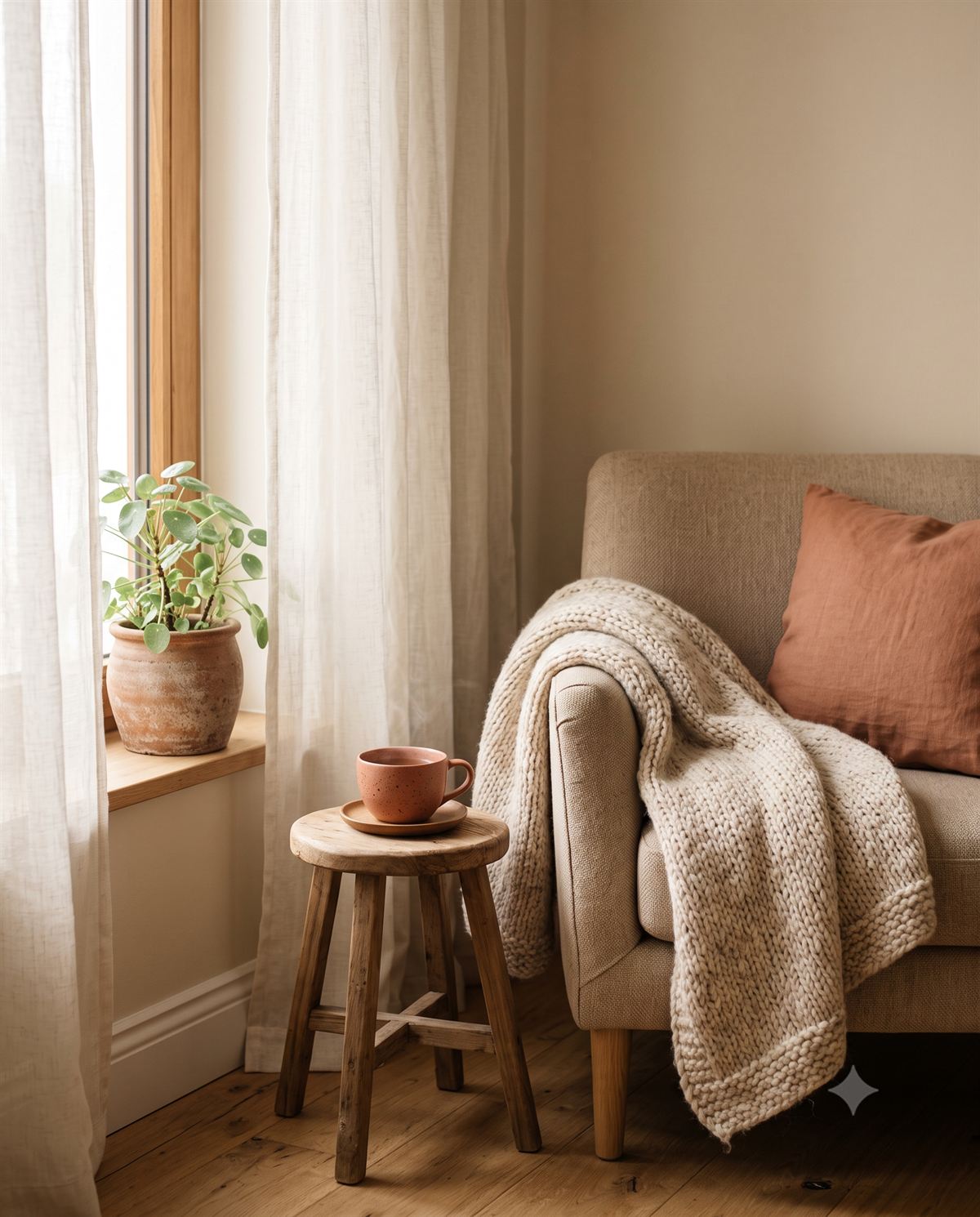 Rincón cálido con un sillón, una manta tejida y una taza de té junto a la ventana